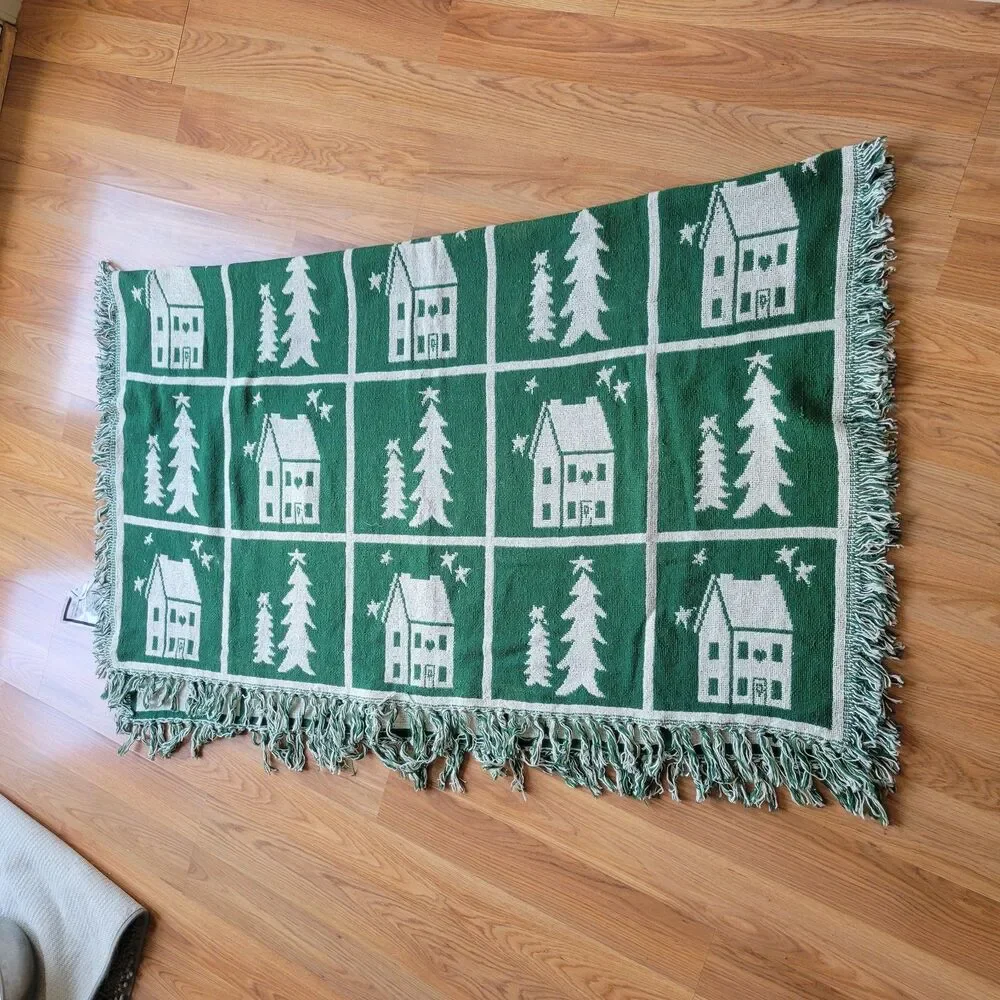 VTG Christmas Throw Blanket Woven Cotton Green White Houses Trees Reversible